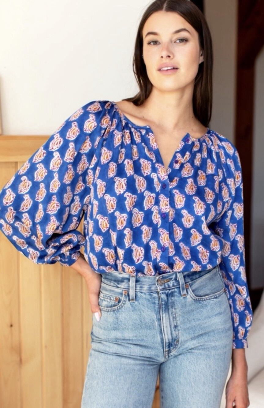 Emerson Fry India Collection Frances Blouse S Blue Paisley Modal Boho